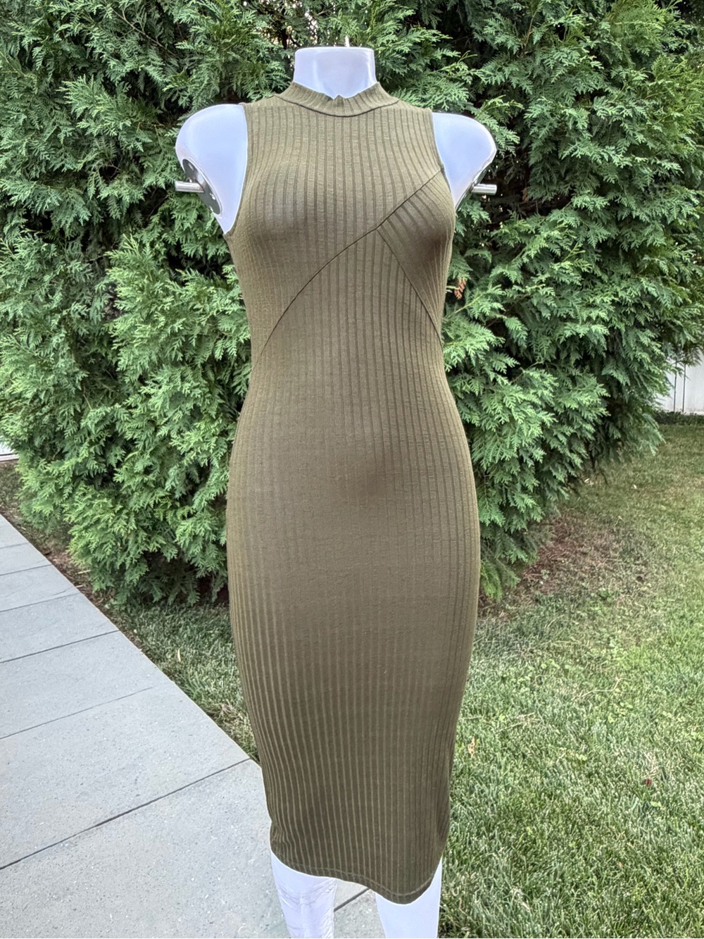 feathers Olive Ribbed Sleeveless Midi Dress